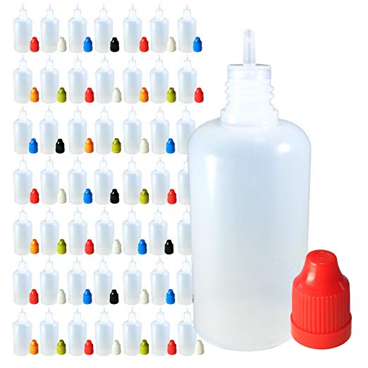 510 Central 50mL LDPE Plastic Thin Tip Dropper Bottles (50 Pack, Multi Color Caps)
