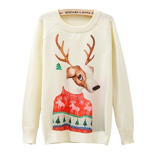 KSJK Women's Soild White Deer Christmas Crew Neck Pullover Sweater
