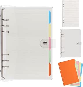 FYY Clear A5 Notebook Binder 6 Ring - Transparent A5 Binder Loose Leaf Notebook Clear Cover Plastic, Refillable A5 Notebook Binder with 45 Sheets Paper and Dividers, A5 Journal 6 Ring Binder Notebook