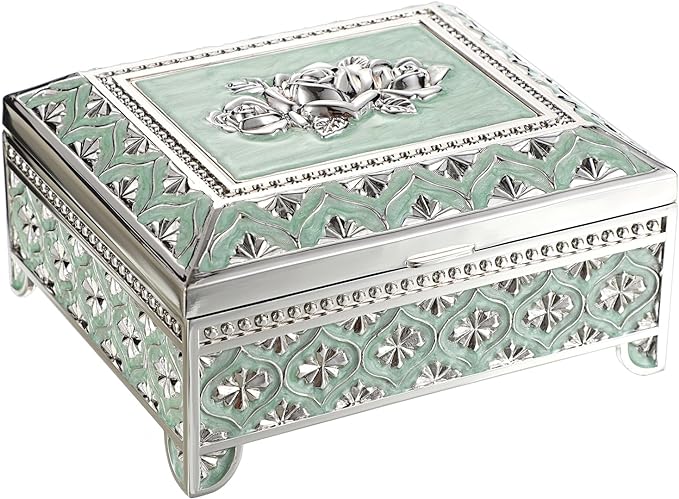 Hipiwe Vintage Metal Jewelry Box Floral Gorgeous Jewelry Trinket Box for Ring Earrings Necklace Rectangle Trinket Case Decorative Keepsake Box for Women Girls,Pale Green