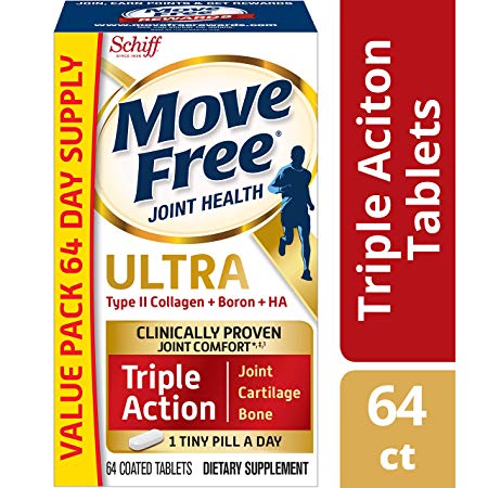 Type II Collagen, Boron & HA Ultra Triple Action Tablets, Move Free (64 Count in a Bottle), Joint Health Supplement with Just 1 Tiny Pill Per Day to Promote Joint, Cartilage and Bone Health