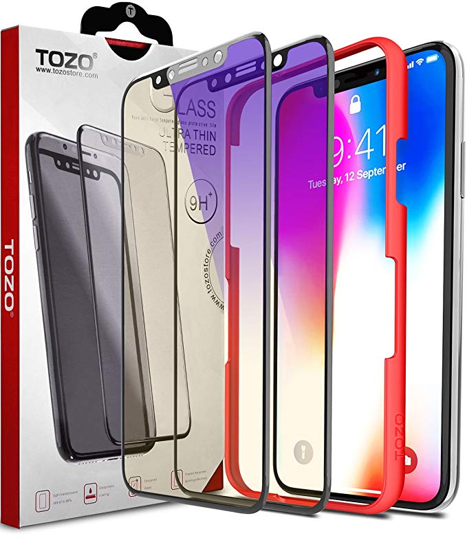 TOZO for iPhone X/XS 5.8 Inch Screen Protector (2 Packs) Glass [ 3D Full Frame ] Premium Tempered 9H Hardness PET [Soft Edge Hybrid] Super Easy Apply with Most case (Anti Blue-Ray Black Edge)