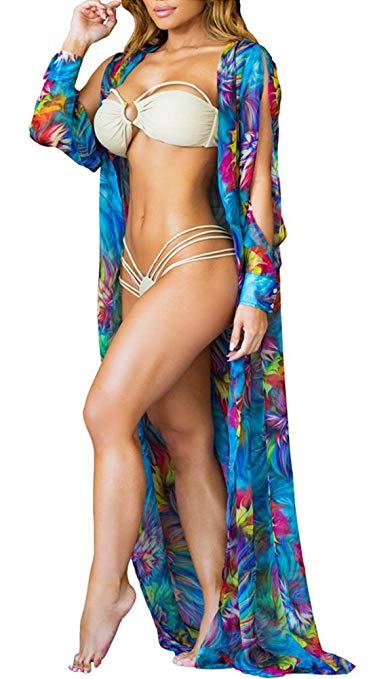 Anatoky Women's Chiffon Bohemian Floral Printed Long Split Sleeve Beach Beachwear Bikini Swimsuit Cover up Dress