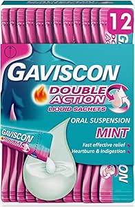 Gaviscon Double Action Liquid Sachets, Mint, 12 Pack, Heartburn Liquid, Indigestion Liquid, Antacid Liquid, Acid, Stomach Pain Relief, Fasting Acting, Long Lasting, Antacids, Digestion and Nausea