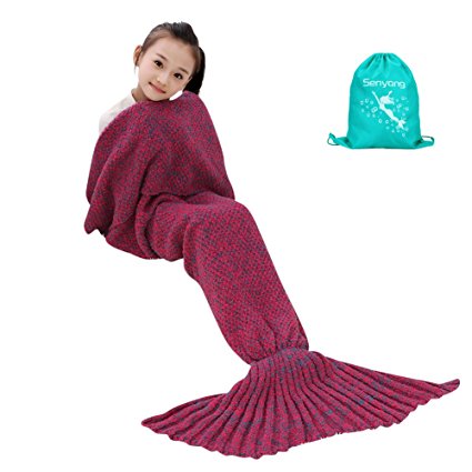 Mermaid Blanket - SENYANG Mermaid Tail Blanket Handmade Crochet Sofa Blankets All Seasons Sleeping Bags Best Choice for Girls Gift Christmas Gift (Kid Thick Rose red)