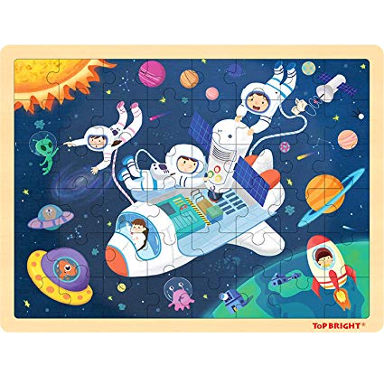 TOP BRIGHT Wooden Jigsaw Puzzles for Kids Ages 4-8 - 48 Piece Space Theme Puzzles for Toddlers