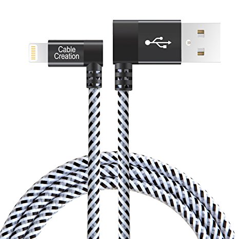 CableCreation Metal Plug and Cotton Jacket Angled Lightning to USB Charging Cable, 4 Feet - Black/White