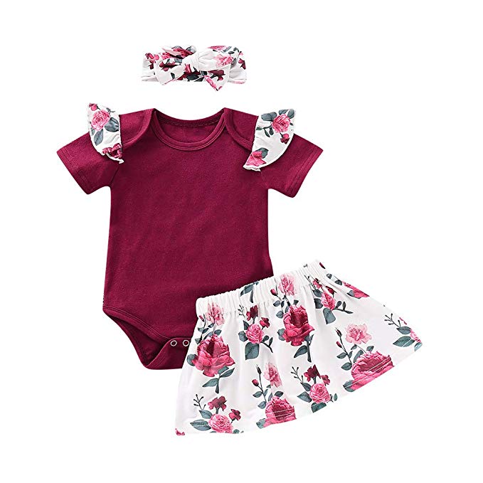 3 Pcs Infant Girl Clothes Baby Girls Outfits Romper Jumpsuit Floral Pants Bodysuit Skirt Headband Baby Clothes for Girls