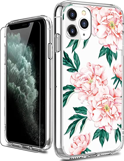 LUHOURI iPhone 11 Pro Max Case with Screen Protector,Clear with Cute Blooming Floral Flower Designs for Girls Women,Shockproof Slim Fit Protective Phone Case for iPhone 11 Pro Max 6.5 inch 2019