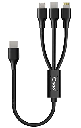 ONCRO® TYPE-C 40cm Oneplus short 3 in 1 charging cable Dash Warp 65w car multi charger power bank cord Type c Micro USB i-Phone port 6a Samsung fast charging with wall charger (No DATA Transfer)