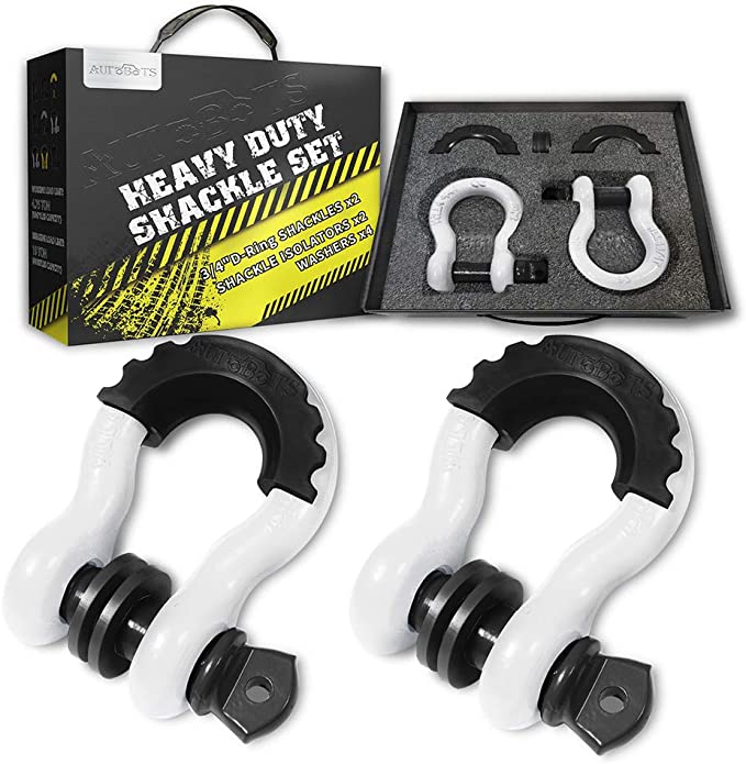 AUTOBOTS Bow Shackle 3/4" D-Ring White Shackle (2 Pack), 41,887Ib Break Strength with 7/8" Pin, 2 Black Isolator and 4 Washers Kit for Off-Road Jeep Vehicle Recovery