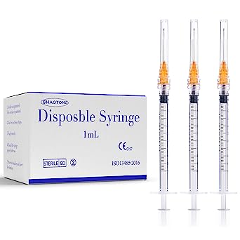 1ml Syringe with 25 Gauge 1 Inch Needle, Individual Package, 100Pack