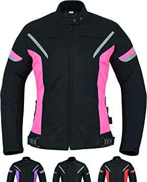 Womens Motorcycle Biker Jacket Ladies Waterproof Textile Cordura Coat With Motorbike CE Armour (EN 1621-1) - Texpeed - Black Pink - L