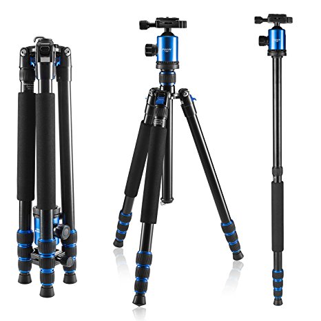 Camera Tripod, Kzon F560 Light Weight Portable Aluminium Travel Tripod With 360 Degree Ball Head and Carry Case For Canon Nikon Sony Olympus DSLR Cameras … (Blue)