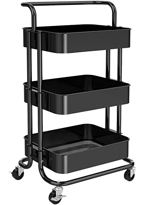 3 Tier Mesh Utility Cart, Rolling Metal Organization Cart with Handle and Lockable Wheels, Multifunctional Storage Shelves for Kitchen Living Room Office by Pipishell, Black