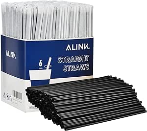 ALINK 500 Pack Black Straight Drinking Straws, Individually Wrapped Plastic Disposable Straws - 7.75" x 0.23"