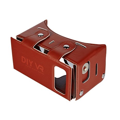 DAISEN 2016 Best New Waterproof PU leather DIY 3D VR Box Google Virtual Reality Headset Glasses Cardboard Movie Game for Smartphones with Headband (Brown)
