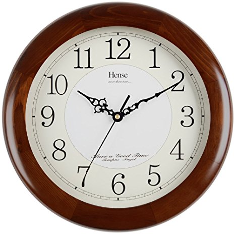 HENSE 13 Inch Large Solid Platane Wood Wall Clock Living Room Modern Clock Mute Simple Quartz Clock with Big Arabic Numerals and Fine Texture HW13 (HW13 #A)