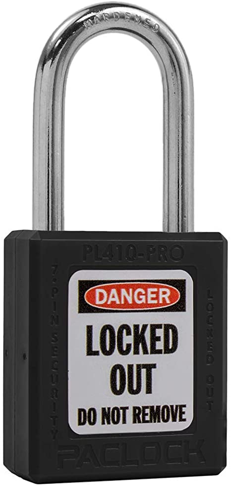 PACLOCK's PL410-PRO Safety Lockout Tagout (Loto) Series Padlock, USA Produced, High Security 7-Pin Cylinder w/ 1 Key per Lock, 1-3/16" Tall Hard. Steel Shackle, Keyed Differently, Black Thermoplastic