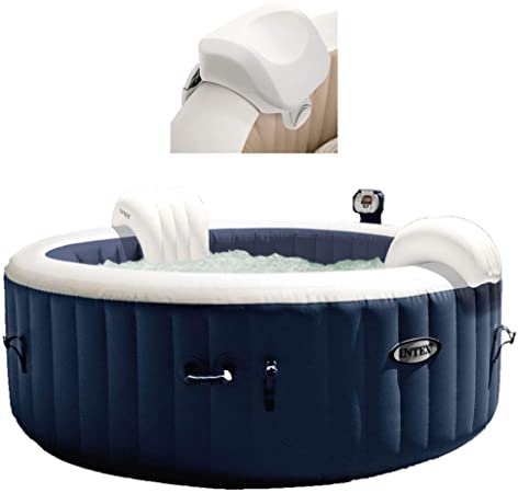 Intex 28405E PureSpa 4 Person Home Outdoor Inflatable Portable Heated Round Hot Tub Spa 58-inch x 28-inch with 120 Bubble Jets, Built in Heat Pump, and Soft Foam Headrest