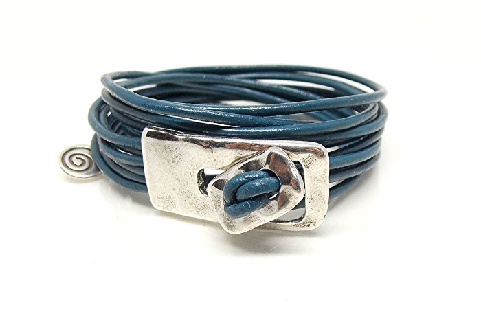 6 Strand Leather Wrap Bracelet with Silver Rectangle and Toggle Button Closure, Hand Created in the popular Uno de 50 Style