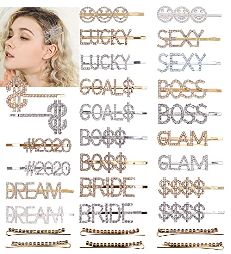 fani 30 Pieces Word Letter Word Pins Sparkly Letter Hair Clip Gold Silver Metal Hair Clips Bling Handmade Multicolor Rhinestones Hair Jewelry for Women