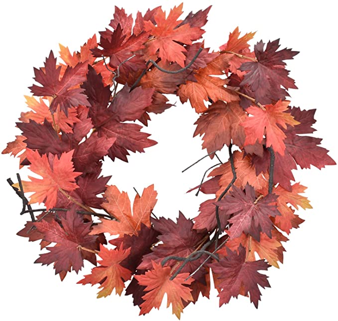 Cloris Art Wreath for Front Door, 22-24 Inch Artificial Fall Maple Leaves Farmhouse Red Wreaths for Home Wedding Party Indoor Outdoor Wall Window Decor