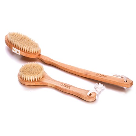 Elinne Body & Face Brush Set - Made of Natural Boar Bristle With Long Bamboo Handle - For Cellulite Reduction and Skin Exfoliating, Perfect Spa Gift