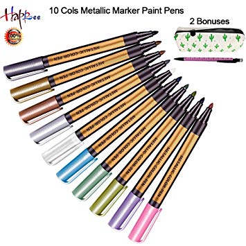 10 Cols Metallic Marker Paint Pens, Happlee Metal Art Permanent Medium-Tip for Painting Rocks, Black Paper, DIY Photo Album, Gift Card Making