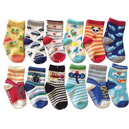 6 Pairs Anti-Slip Non Skid Cozy Ankle Cotton Socks Baby Boys Girls Toddler Walker Cartoon Sneakers Crew Socks with Grip for 12-36 Months Toddler