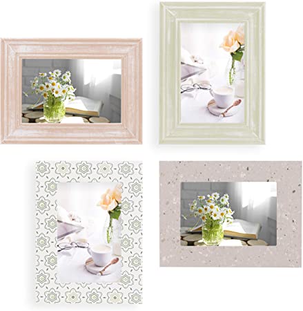 4x6 Picture Frames Set of 4 Wall Decor - Wooden, Turquoise, White & Gray - Table Top & Wall Mount Photo Frame Sets For Office Kitchen Gallery - Vertical & Horizontal - Rustic Home Decor Picture Frame
