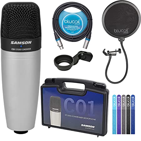 Samson C01 Large-Diaphragm Condenser Microphone for Recording Vocals, Acoustic Instruments, Overhead Drums Bundle with Blucoil Pop Filter Windscreen, 10-FT Balanced XLR Cable, and 5X Cable Ties