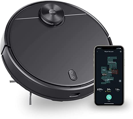 WYZE Robot Vacuum, Avoids Obstacles, Wi-Fi Connected, 110min Runtime, Compatible with Alexa, Multi-Surface Cleaning, Black