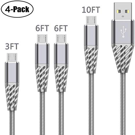 Micro USB Cable,Yirddeo Cell Phone Charger Android 4 Pack 3FT 6FT 6FT 10FT High Speed Nylon Braided Fast Charging Cord Compatible with Smartphones