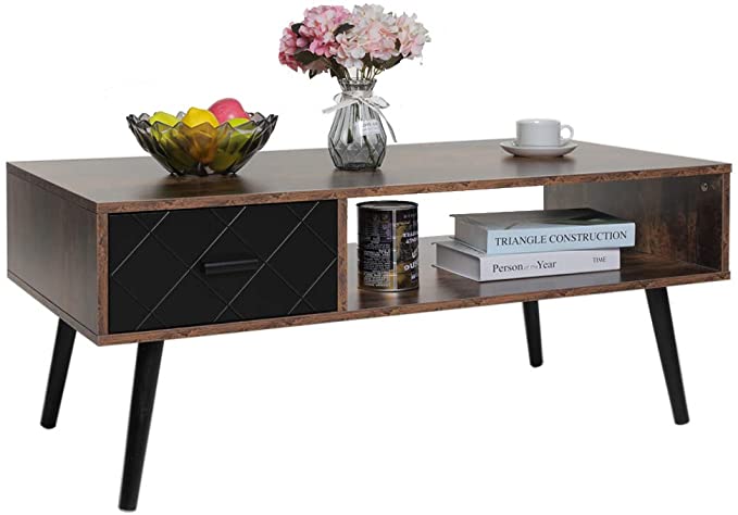IWELL Mid-Century Coffee Table with 1 Drawer and Storage Shelf for Living Room, Cocktail Table, TV Table, Rectangular Sofa Table, Office Table, Solid Elegant Functional Table CFZ004B