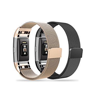 Fitbit Charge 2 Bands,Edow (2 pack) Metal Milanese Stainless Steel Replacement Wristband Strap Bracelet with Magnetic Clasp (6.3”-9.8”) for Fitbit Charge 2,Rose Gold,Rose Pink,Champagne,Silver,Black.