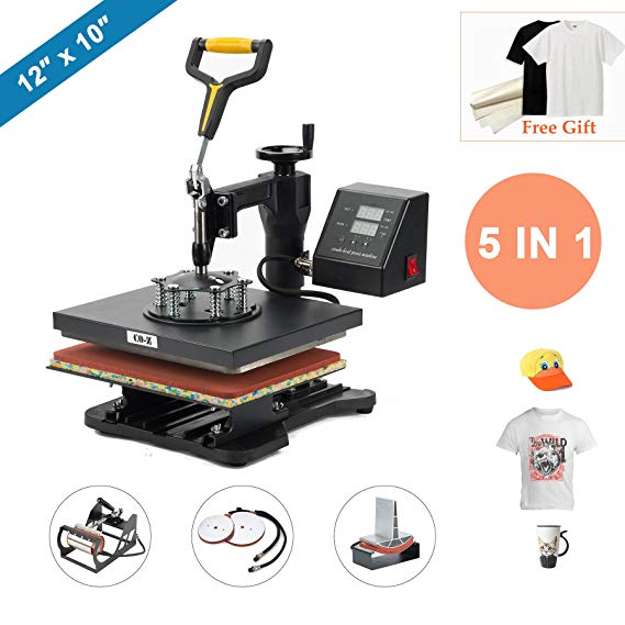 CO-Z 5 in 1 12" X 10" Heat Press 360 Degree Swivel Heat Press Machine Multifunction Sublimation Combo T Shirt Press Machine for Mug Hat Plate Cap Mouse Pad 1 (12"x10"_5 in 1_Intelligent Audible Alarm)