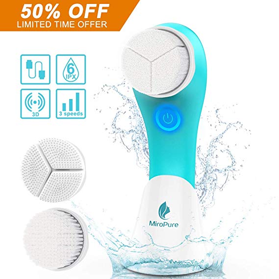 MiroPure 3D Sonic Facial Cleansing Brush, 3 in 1 Vibration Waterproof USB Rechargeable Electric Massager for Deep Cleansing, Gently Exfoliate and Remove Blackhead with 3 Brush Heads and 3 Setting