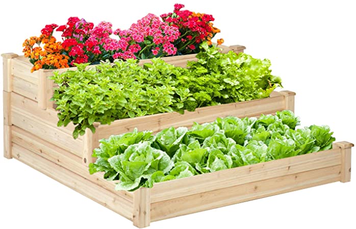 Aclumsy 3 Tier Raised Garden Bed Wooden Planter Box for Planting Flower Vegetable Fruit Outdoor in Patio Backyard Balcony Outside, 48.8 x 48 x 20.9 inch