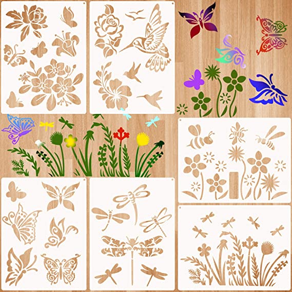 6 Pieces Spring Stencils Flower Butterfly Stencils Template Bird Bee Drawing Template Reusable Painting Stencils with Metal Open Ring for DIY Painting on Wood Wall Home Decors