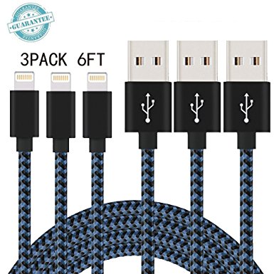 iPhone Cable DANTENG, 3Pack 6FT Extra Long Charging Cord - Nylon Braided 8 Pin to USB Lightning Charger for iPhone 7,SE,5,5s,6,6s,6 Plus,iPad Air,Mini,iPod(Black Blue)