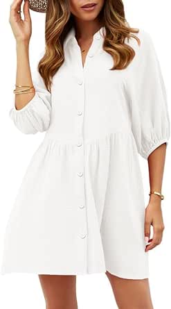 Dokotoo Women's Summer Dress V Neck 3/4 Puff Sleeve Button Down Cotton Shirts Dresses