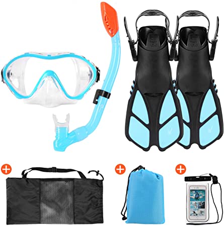 Odoland 6-in-1 Kids Snorkeling Packages Snorkel Set, Dry Top Snorkel Mask Anti-Fog Anti-Leak with Adjustable Swim Fins, Beach Blanket and Waterproof Case for Children, Juniors, Boys and Girls Age 9-15