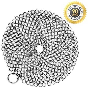 Cast Iron Cleaner, Anti-Rust Stainless Steel Chainmail Scrubber with Corner Ring - 7 Inch Round