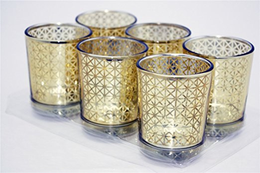V-More Laser Cut Mercury Glass Votive Candle Holder Tealight Holder 2.55-inch Tall Set of 6 For Home Decor Wedding Party Celebration (Gold Square Cross Grid)