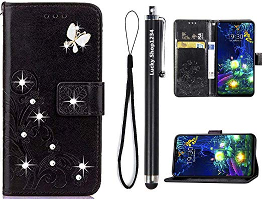 Samsung Galaxy A10 Wallet Case, Fashion Handmade 3D Bling Diamond Butterfly Flowers PU Leather Stand Flip Folio Phone Cover With Stylus Pen & Screen Protector & Card Holder & Hand Strap for Galaxy A10