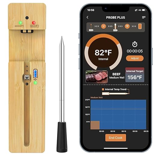 Smart Meat Thermometer Wireless, 300ft Wireless Range Bluetooth Meat Thermometer Digital, Food Thermometer with Ultra-Thin Probe Lasts 16 Hour for Monitoring of BBQ Oven Smoker Stove Rotisserie