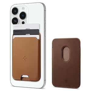 Spigen Unisex Faux Leather Valentinus (Magfit) Magnetic Wallet Card Holder 3-Cards Designed for Magsafe Compatible with iPhone 15, 14, 13, 12 Models - Brown