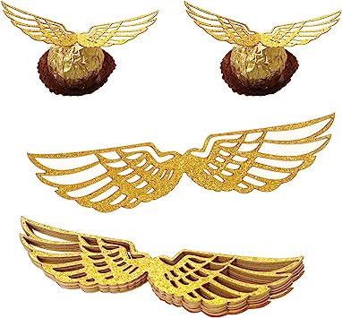 50PCS Wizard Party Chocolate Decoration Golden Snitch Wings Chocolate Decoration, Snitch Wings Wafer Cupcake Toppers with 50pcs Glue Point, Wafer Cupcake Toppers for Anniversary Birthday Wedding