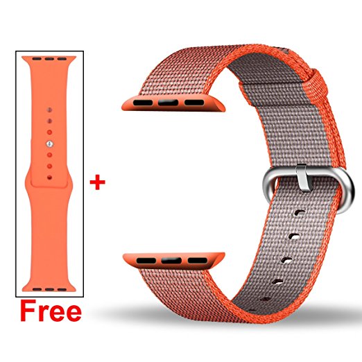 INTENY Woven Nylon Strap Buckle Replacement Wrist Bracelet with Silicone Band for Apple Watch Band Series 1 Series 2 42mm-Space Orange&Anthracite